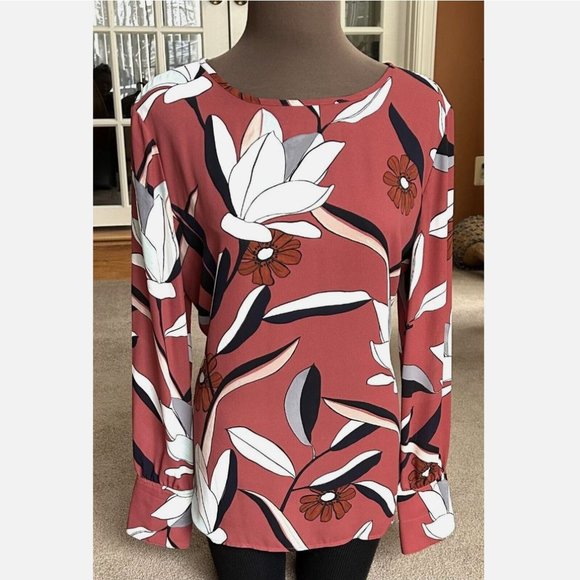 ANN TAYLOR Boat Neck Floral Print Blouse Rust Multi Size L - Picture 1 of 4